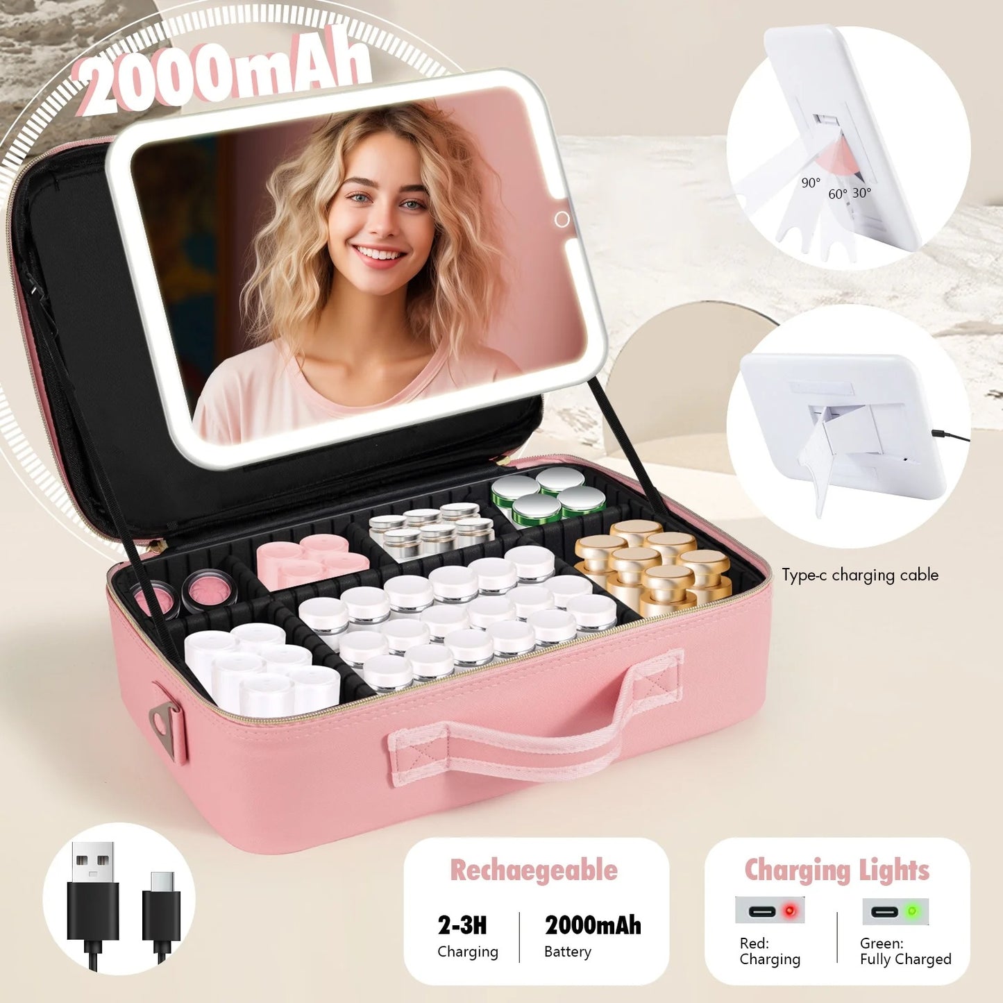 شنطة مكياج للسفر مع مراة مضيئة باضاءة LED